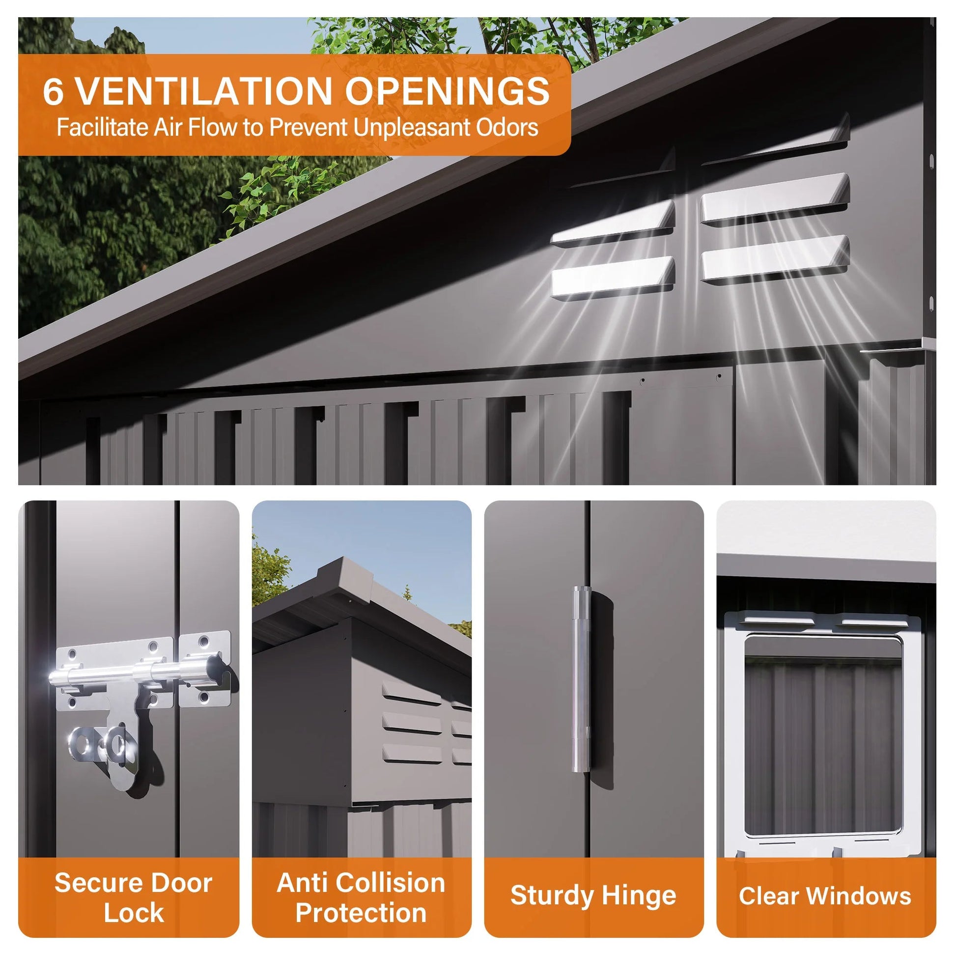9X4FTfree Shipping in Stock  Gray Metal Garden Shed for Tools Sloping Roof 6 Vents 2 Swing Doors Steel Frame for Backyard Patio Good Vibrations