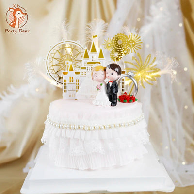 Happy Wedding  Anniversary Gold Castle Acrylic Cake Toppers  Bride Groom Mr Mrs Wedding Diamond Ring Cake Supplies Decoration