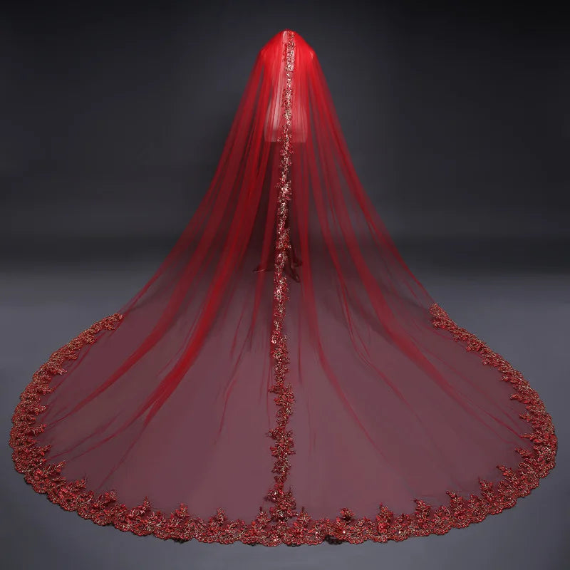 New Arrival Red Bridal Veils Long 3M Cathedral Wedding Veils One -Layer Gold Sequins Lace Applique Bridal Veil With Comb Good Vibrations