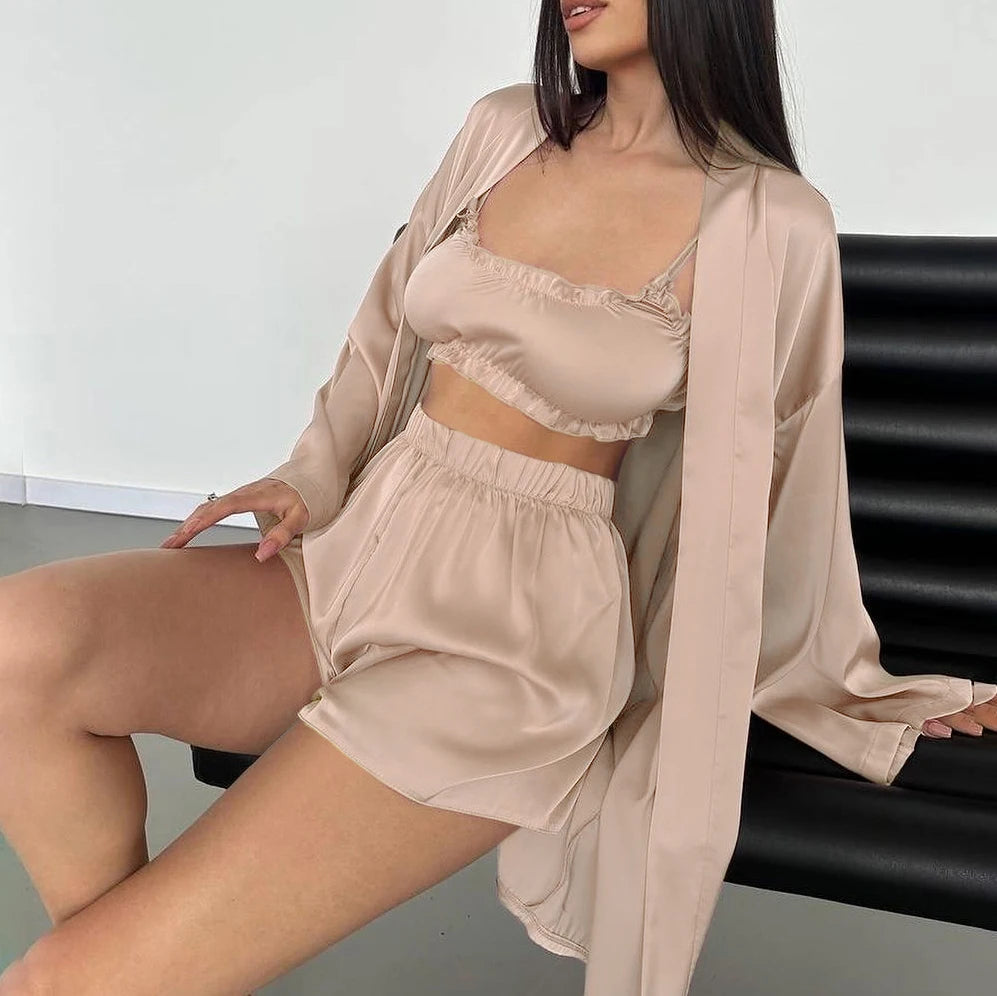 QINSI Sexy Bathrobe Silk Pajamas for Women Three Pieces Bra Robes Women Set Sleepwear Long Sleeved Satin Sexy Nightwear Good Vibrations