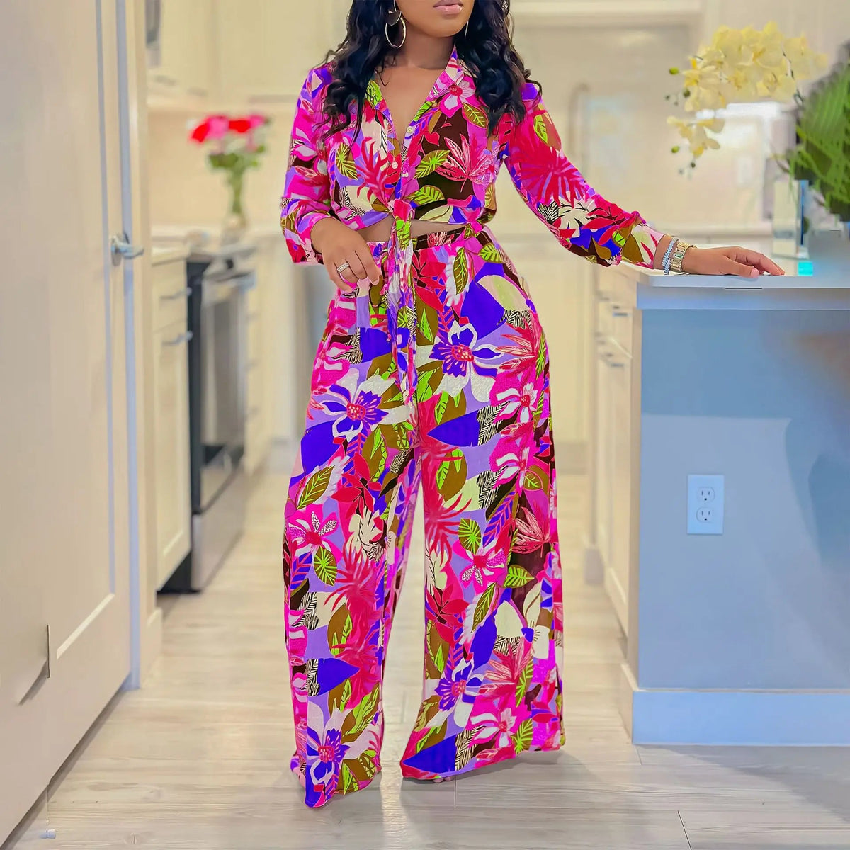 Two Piece Set Women Clothing Print Polo Collar Long Sleeve Shirt Top Wide Leg Pants 2 Piece Set Women Outfits for Women Good Vibrations