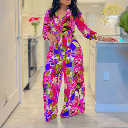 Two Piece Set Women Clothing Print Polo Collar Long Sleeve Shirt Top Wide Leg Pants 2 Piece Set Women Outfits for Women Good Vibrations