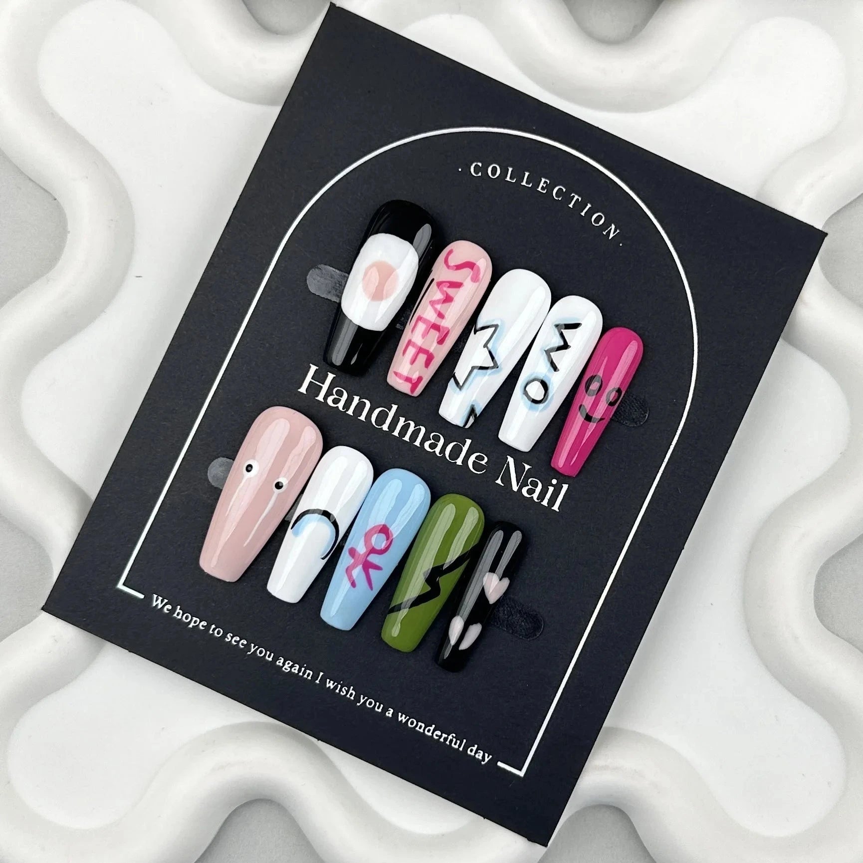 Handmade 3D Whitening Painting Press-on Nails Versatile Cute Anime Cartoon Design Durable ABS Fingers Pure Color Made for Good Vibrations