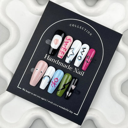 Handmade 3D Whitening Painting Press-on Nails Versatile Cute Anime Cartoon Design Durable ABS Fingers Pure Color Made for Good Vibrations