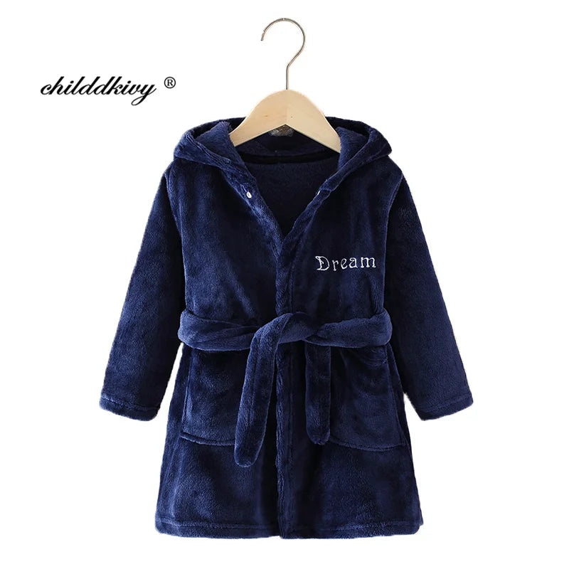 Boy and Girls Flannel Pajamas Robe Autumn and Winter Children Sleepwear Soft Hooded Kids Homewear 2-8 Years Good Vibrations