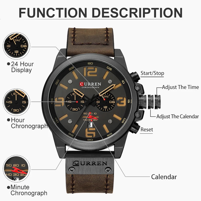 CURREN Mens Watches Top Luxury Brand Waterproof Sport Wrist Watch Chronograph Quartz Military Genuine Leather Relogio Masculino Good Vibrations