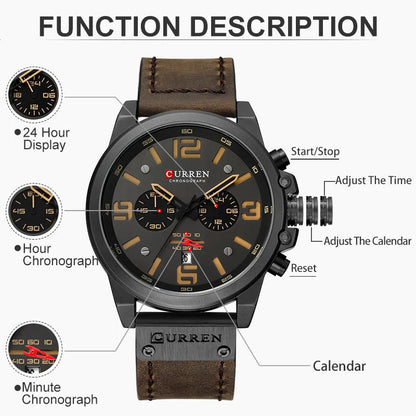 CURREN Mens Watches Top Luxury Brand Waterproof Sport Wrist Watch Chronograph Quartz Military Genuine Leather Relogio Masculino Good Vibrations