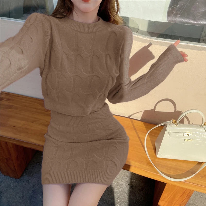 Elegant Fall Winter Knitted 2 Piece Set Chic Women Sexy O Neck Sweater Crop Top + Bodycon Mini Skirt Korean Suit Good Vibrations Adult Super Store