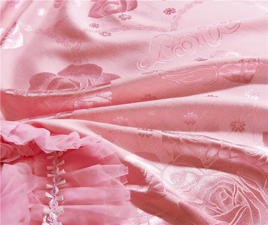 Luxury Wedding Bedding Sets Queen King Size Pink Princess Lace Bedcover Set Jacquard Duvet Cover Bed Sheet Pillowcases Good Vibrations