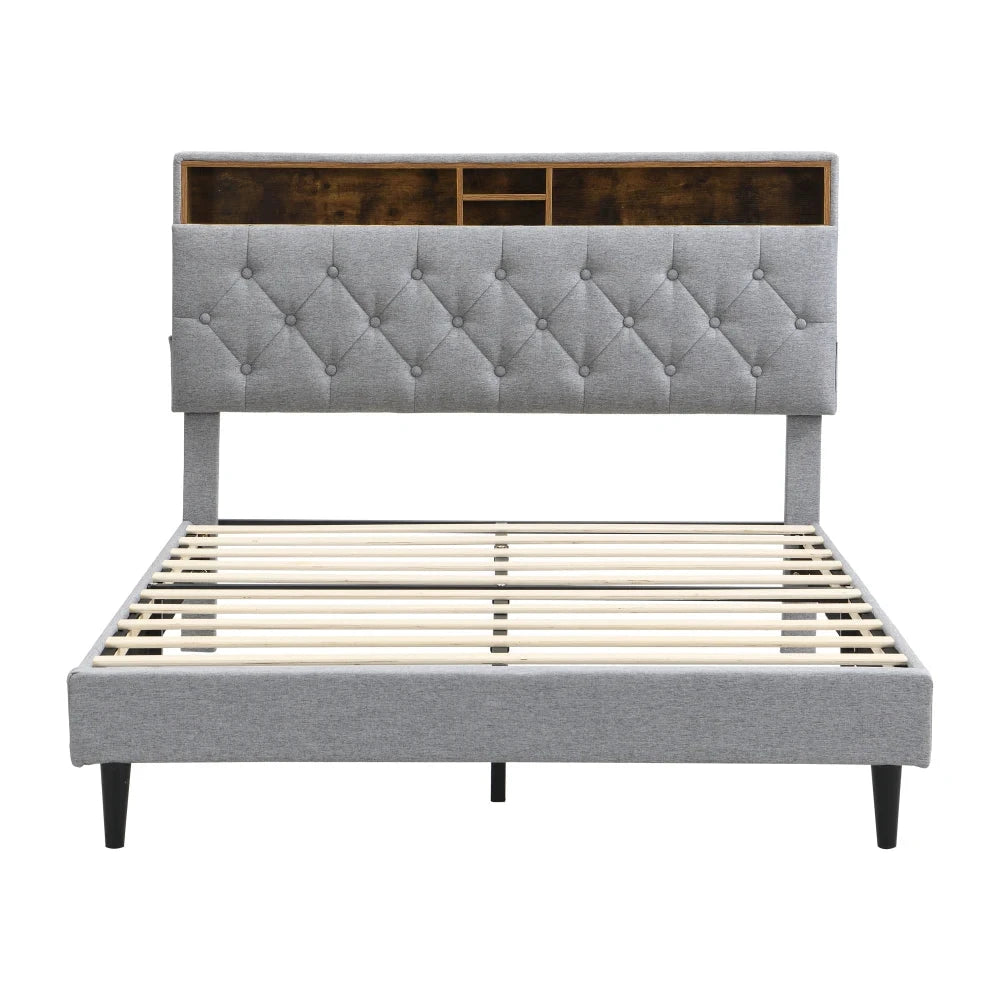 Queen-Size Upholstered Platform Bed Frame with a Modern Button-Tufted Linen Fabric Headboard,USB Ports Good Vibrations