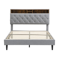 Queen-Size Upholstered Platform Bed Frame with a Modern Button-Tufted Linen Fabric Headboard,USB Ports Good Vibrations