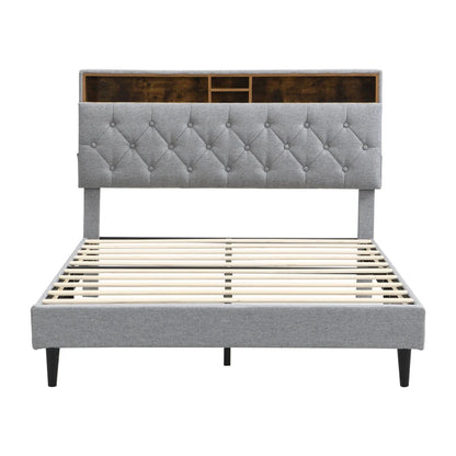 Queen-Size Upholstered Platform Bed Frame with a Modern Button-Tufted Linen Fabric Headboard,USB Ports Good Vibrations
