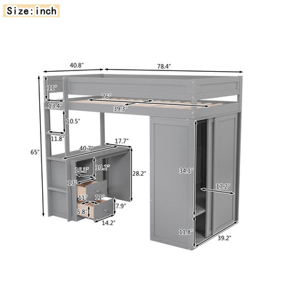Wood Twin Size Loft Bed With Wardrobes and 2-Drawer Desk With Cabinet in Gray Color Good Vibrations