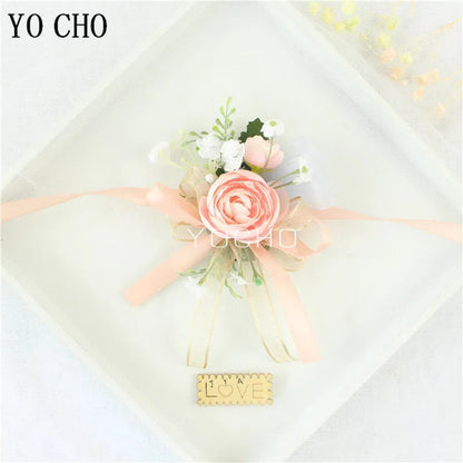 Wedding Groom Boutonniere Bride Bridesmaid Women Hand Wrist Flower Silk Rose Boutonniere Buttonhole for Marriage Party Flower Good Vibrations