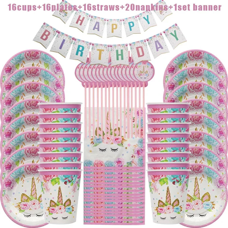 Unicorn Decoration Birthday Party Decor Kids Unicorn Disposable Tableware set Unicornio Baby Shower Girl Birthday Party Supplies Good Vibrations