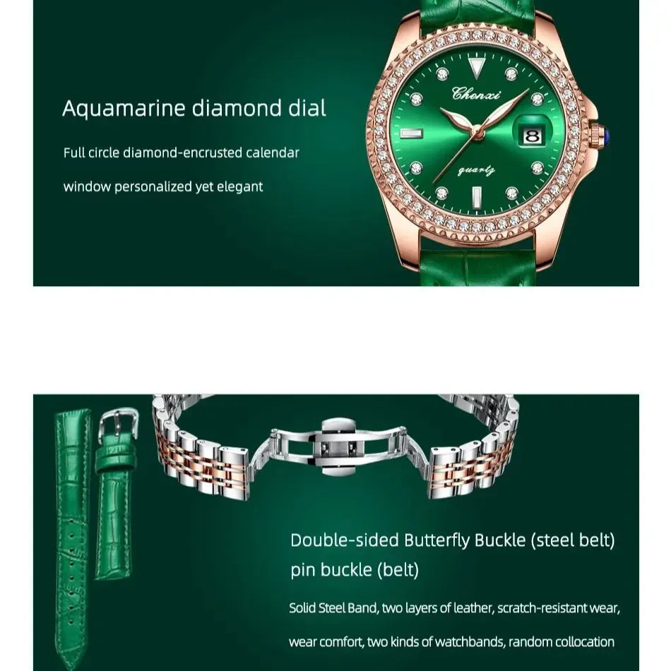 CHENXI Women Watch 385 Fashion Luxury Green Rhinestone Dial Stainless Steel Diamond Quartz Watches for Lady Dress Bracelet Gift Good Vibrations