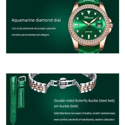CHENXI Women Watch 385 Fashion Luxury Green Rhinestone Dial Stainless Steel Diamond Quartz Watches for Lady Dress Bracelet Gift Good Vibrations
