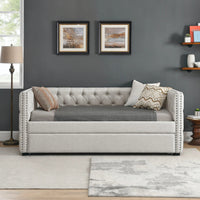 Daybed with Trundle Upholstered Tufted Extendable Sofa Bed with Button and Copper Nail on Square Arms Good Vibrations