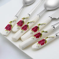 Ceramic Handle Tableware Set Stainless Steel Cutlery Set Steak Knife Fork Coffee Spoon Dessert Dinnerware Rose Flowers Pattern Good Vibrations