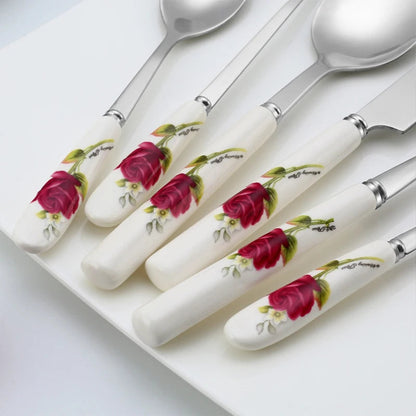Ceramic Handle Tableware Set Stainless Steel Cutlery Set Steak Knife Fork Coffee Spoon Dessert Dinnerware Rose Flowers Pattern Good Vibrations