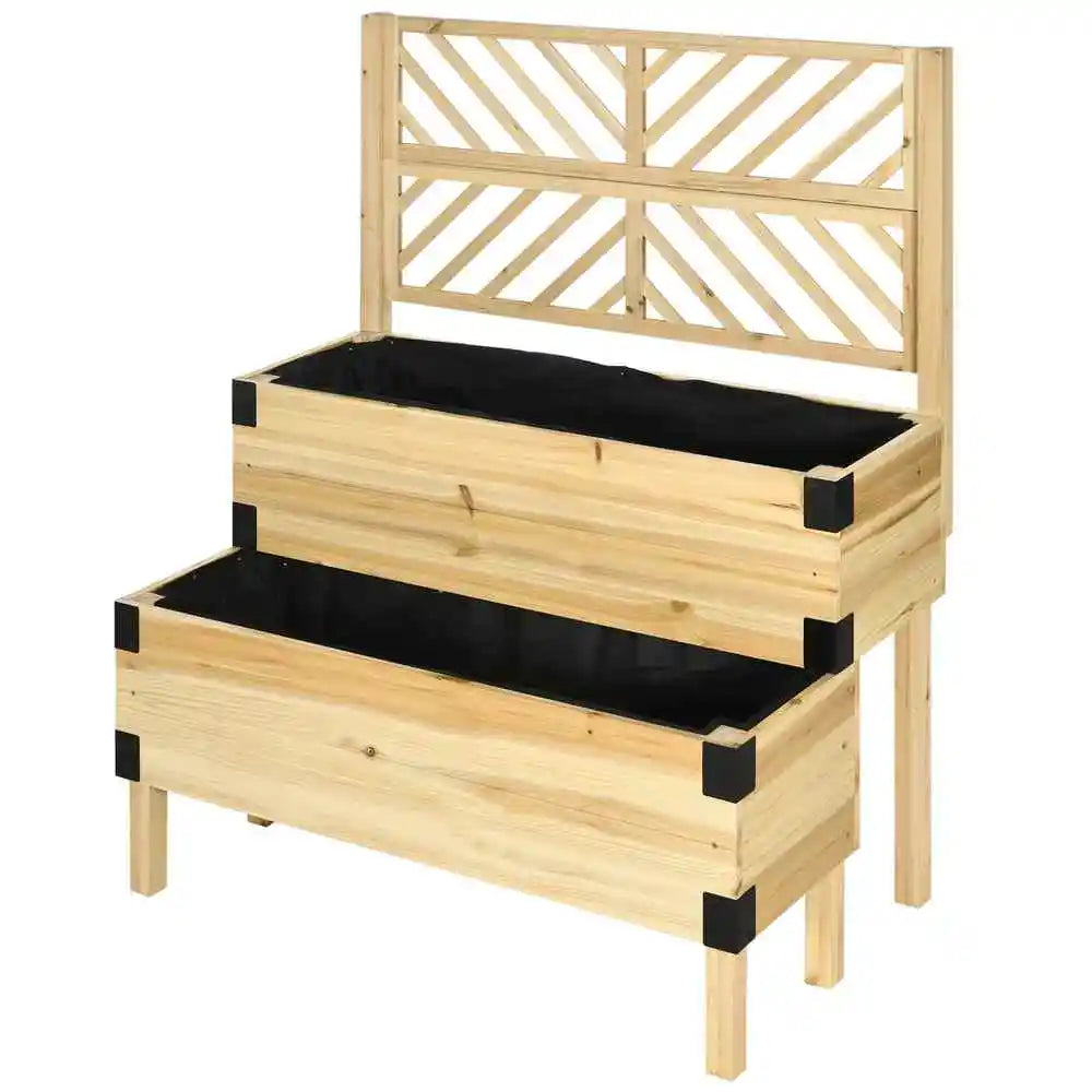 Raised Garden Bed with Trellis, 2 Tier Wooden Elevated Planter Box with Legs and Metal Corners for  Flowers, Natural Good Vibrations