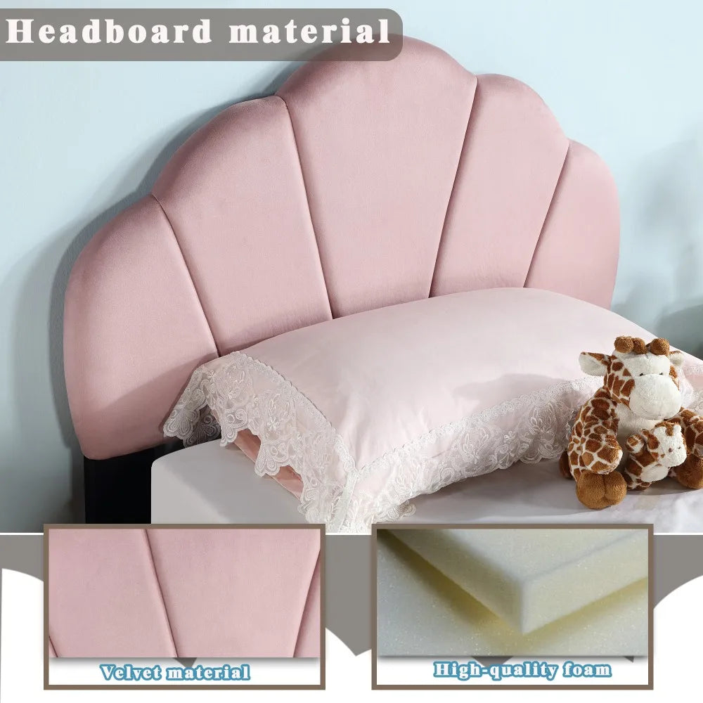 Upholstered Twin Size Platform Bed for Kids, Wooden Bed Frame with Slatted Bed Base, Cute Bed Frame with Shell Design Headboard Good Vibrations