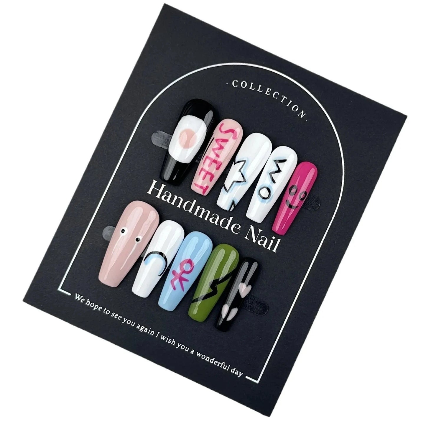 Handmade 3D Whitening Painting Press-on Nails Versatile Cute Anime Cartoon Design Durable ABS Fingers Pure Color Made for Good Vibrations