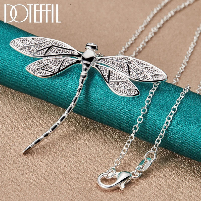 DOTEFFIL 925 Sterling Silver 40-75cm Chain Big Dragonfly Pendant Necklace For Women Wedding Engagement Party Fashion Jewelry Good Vibrations