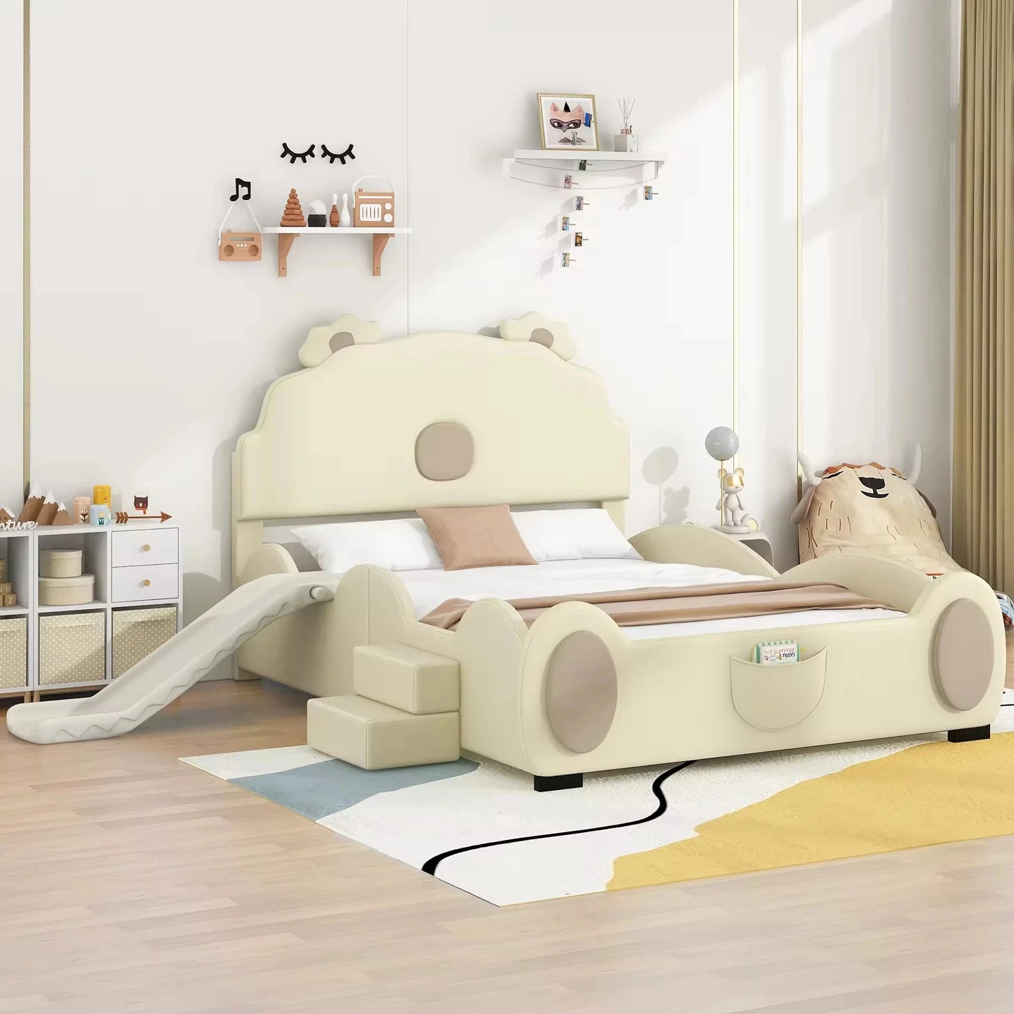 Modern Full-Size Upholstered Platform Bed Set with Piglet Shape Headboard and Bunk Bed Slide Beige for Children's Bedroom Good Vibrations