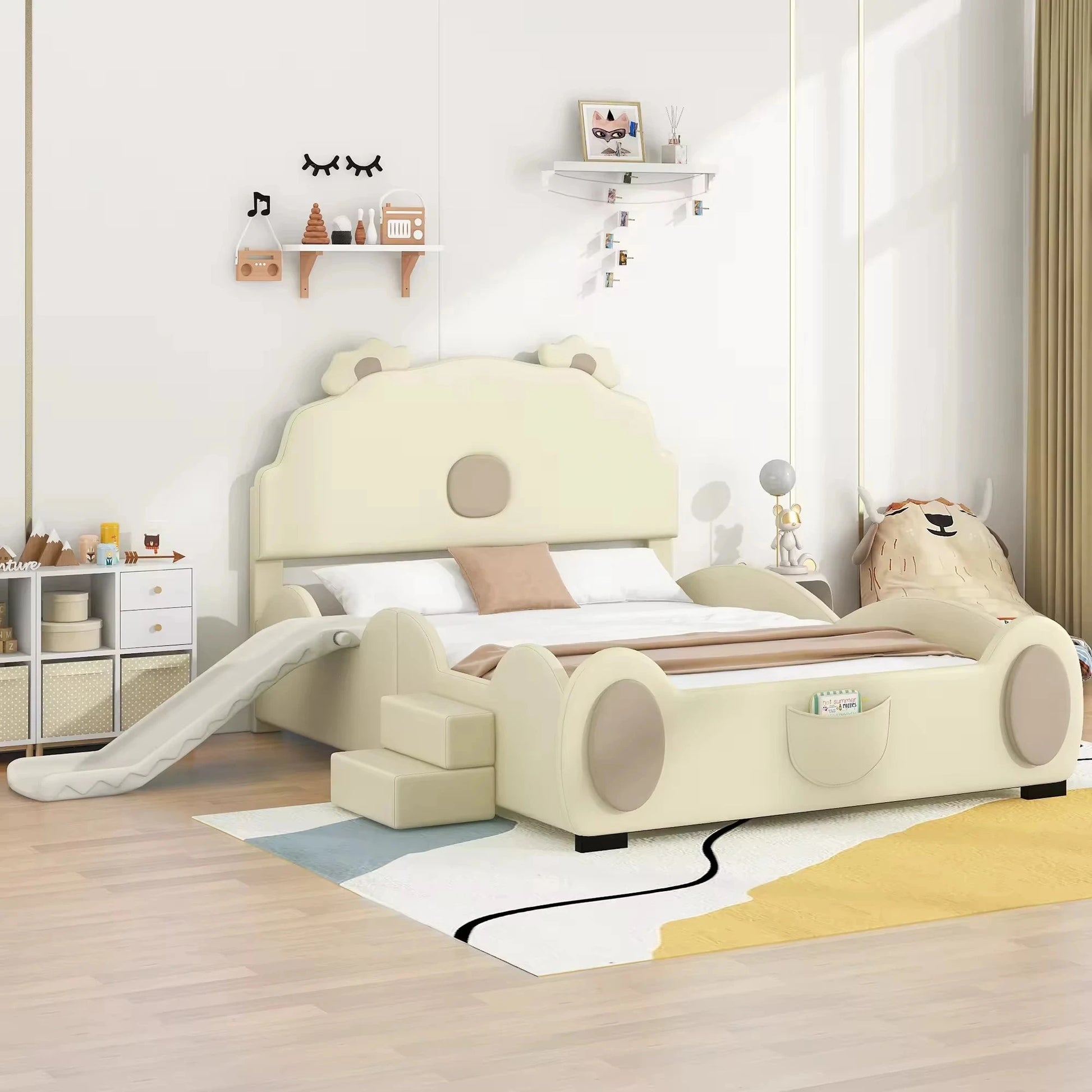 Modern Full-Size Upholstered Platform Bed Set with Piglet Shape Headboard and Bunk Bed Slide Beige for Children's Bedroom Good Vibrations