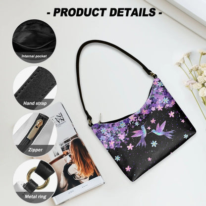Nice Purple Flowers Birds Print Women's Single Shoulder Bag Fashionable Underarm Design Zip Portable All-Match Mother's Day Gift Good Vibrations