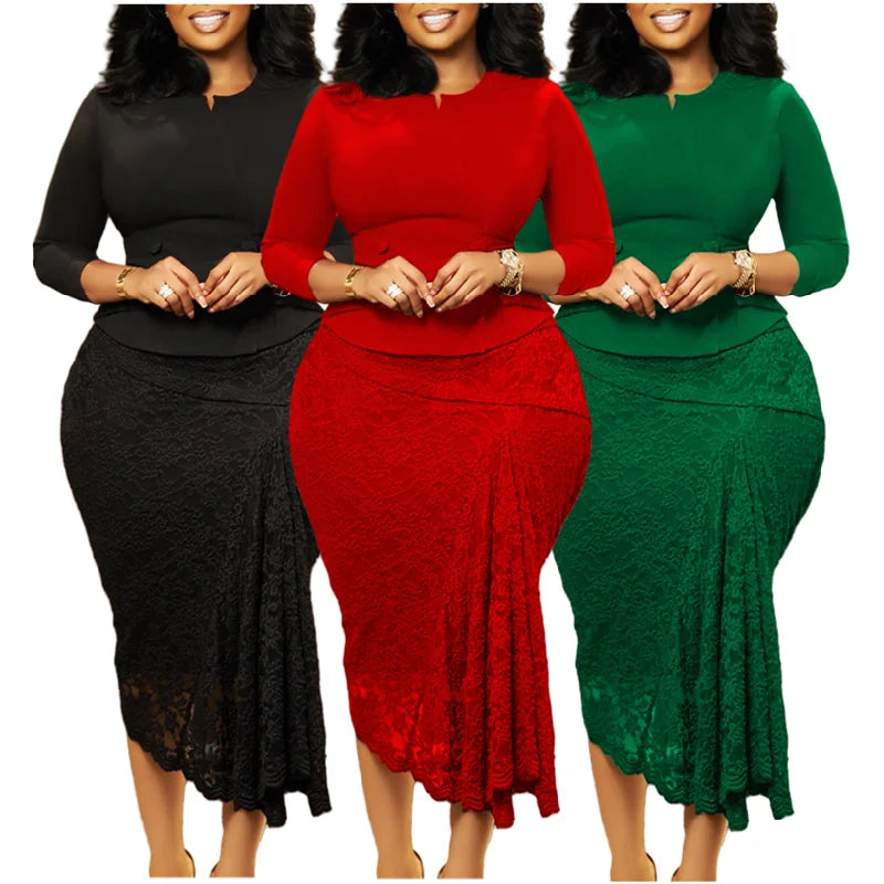 D559 Trendy Spring Dresses Women Casual Elegant Lace Patchwork Three Quarter Sleeve O-Neck Office Lady Dress African Dress Good Vibrations