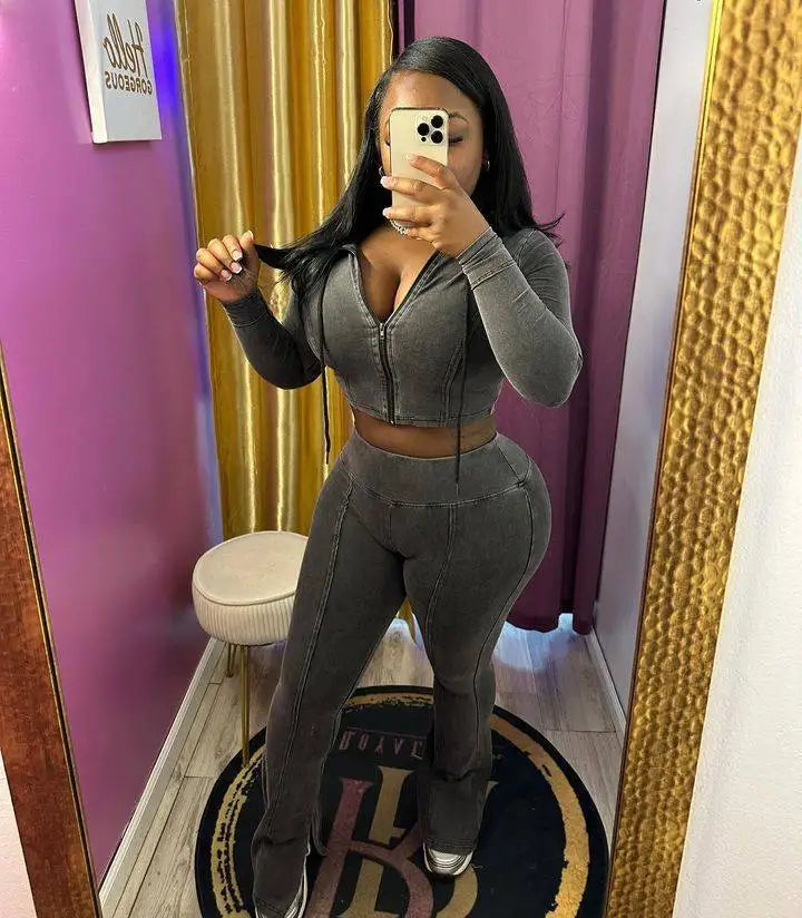 Women's Cotton Acid Wash 2 Piece Sets Hooded Crop Jacket Flare Pants Casual Two Piece Jogger Sweatsuits Sets Women Outfits 2025 Good Vibrations