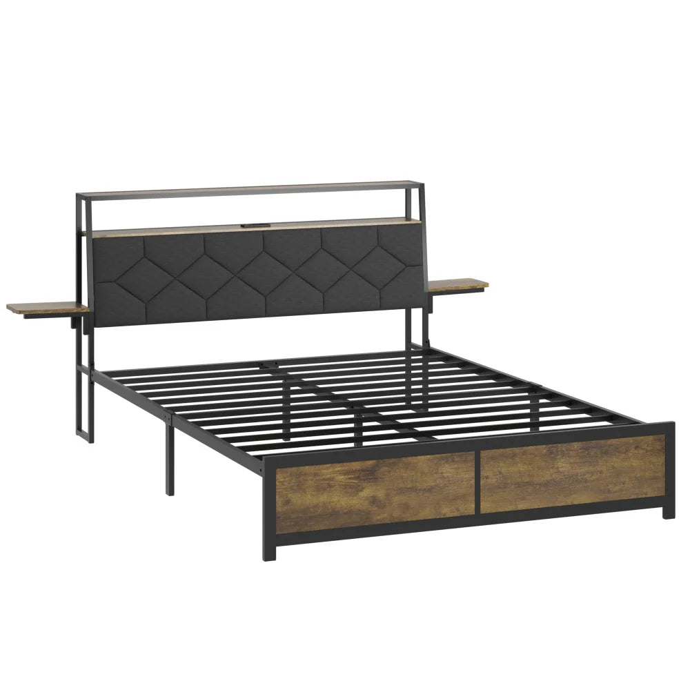 Queen Bed Frame with Storage Headboard, Built-in Charging Station, RGB LED Lights, Side Shelf, No Box Spring Needed Good Vibrations