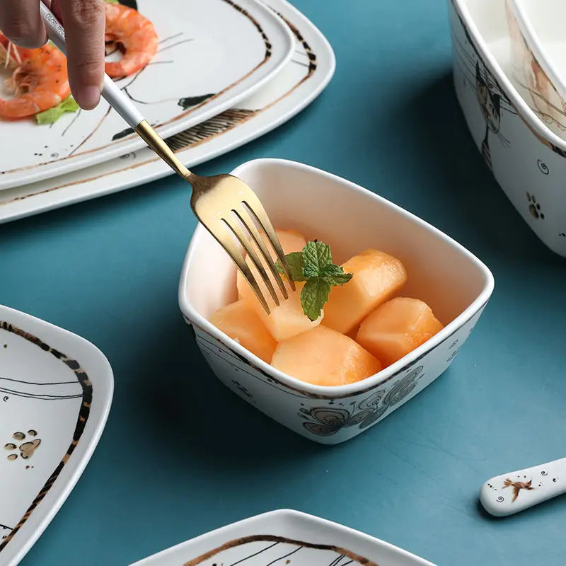 Cute Cartoon Cat Ceramic Tableware Household Soup Noodle Bowls Fruit Steak Food Plate Dishes Creative Porcelain Dinnerware Good Vibrations