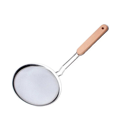 Hot Sell New Design Kitchen Gadgets Stainless Steel Strainers With Non-slip Wooden Handle Good Vibrations