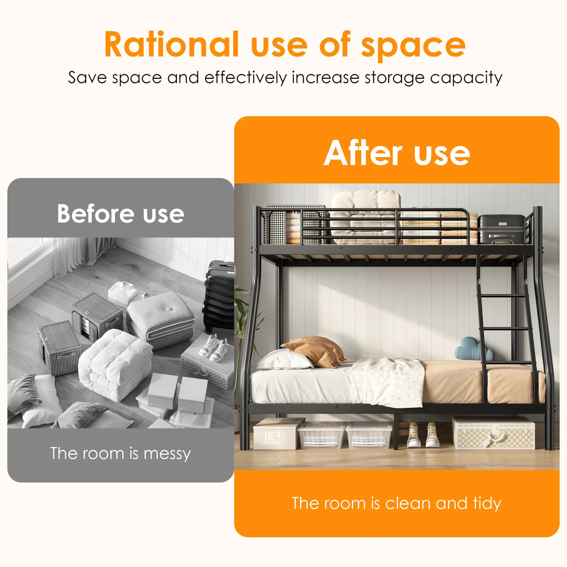 Duty Metal Bunk Bed Twin Over Full -Black Space-Saving Bed Frame for Adults & Teens, Sturdy Steel Construction with Safety Rails Good Vibrations