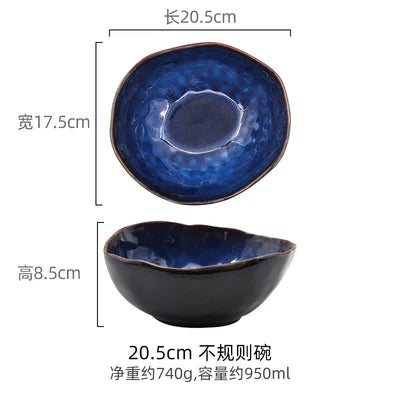 Household Ceramic Dinner Plate European Style Blue Glaze Salad Bowl Irregular Tableware Western Dinner Plate/kitchen Supplies Good Vibrations