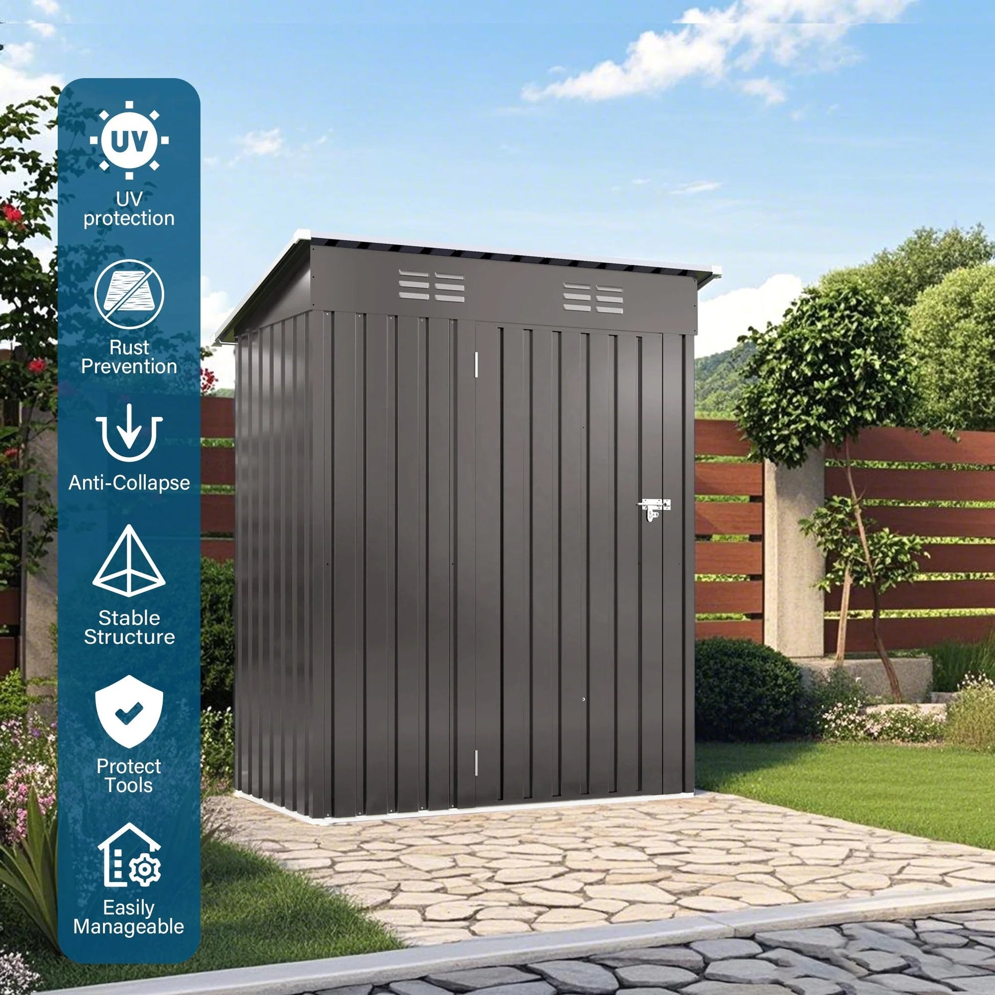 5X3 FT Garden Metal Outdoor Storage Shed Steel Frame with Pitched Roof Lockable Door Compact Metal Tool Room for Backyard Patio Good Vibrations