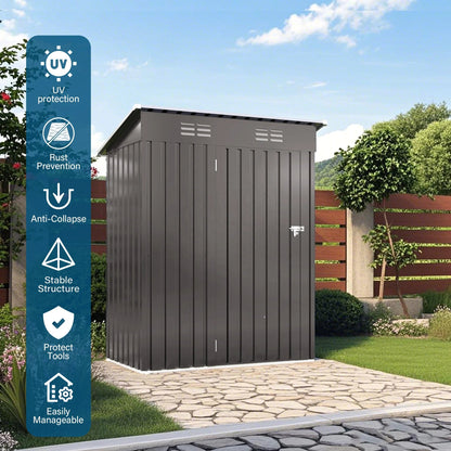 5X3 FT Garden Metal Outdoor Storage Shed Steel Frame with Pitched Roof Lockable Door Compact Metal Tool Room for Backyard Patio Good Vibrations