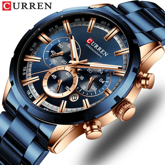 Curren Men's Watch Blue Dial Stainless Steel Band Date Mens Business Male Watches Waterproof Luxuries Men Wrist Watches for Men Good Vibrations