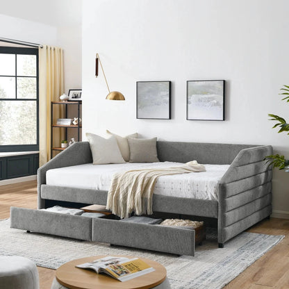 Queen Size Daybed with Two Drawers Trundle Upholstered Tufted Sofa Bed Linen Fabric Living Room Furniture Good Vibrations