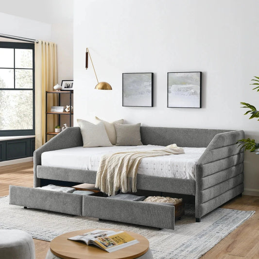 Queen Size Daybed with Two Drawers Trundle Upholstered Tufted Sofa Bed Linen Fabric Living Room Furniture Good Vibrations