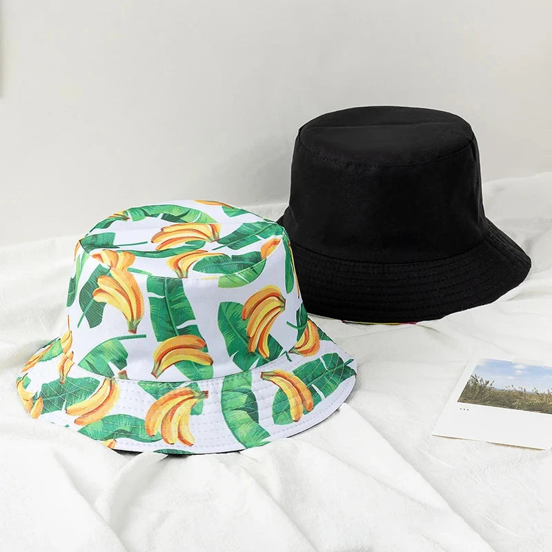Hot Sale Unisex Bucket Hats Summer Double-sided Wear Fruit Printing Women Cap Outdoor Sun Hat Men Classic Panama Bucket Hat Good Vibrations