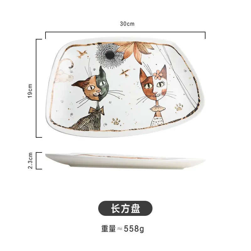 Cute Cartoon Cat Ceramic Tableware Household Soup Noodle Bowls Fruit Steak Food Plate Dishes Creative Porcelain Dinnerware Good Vibrations