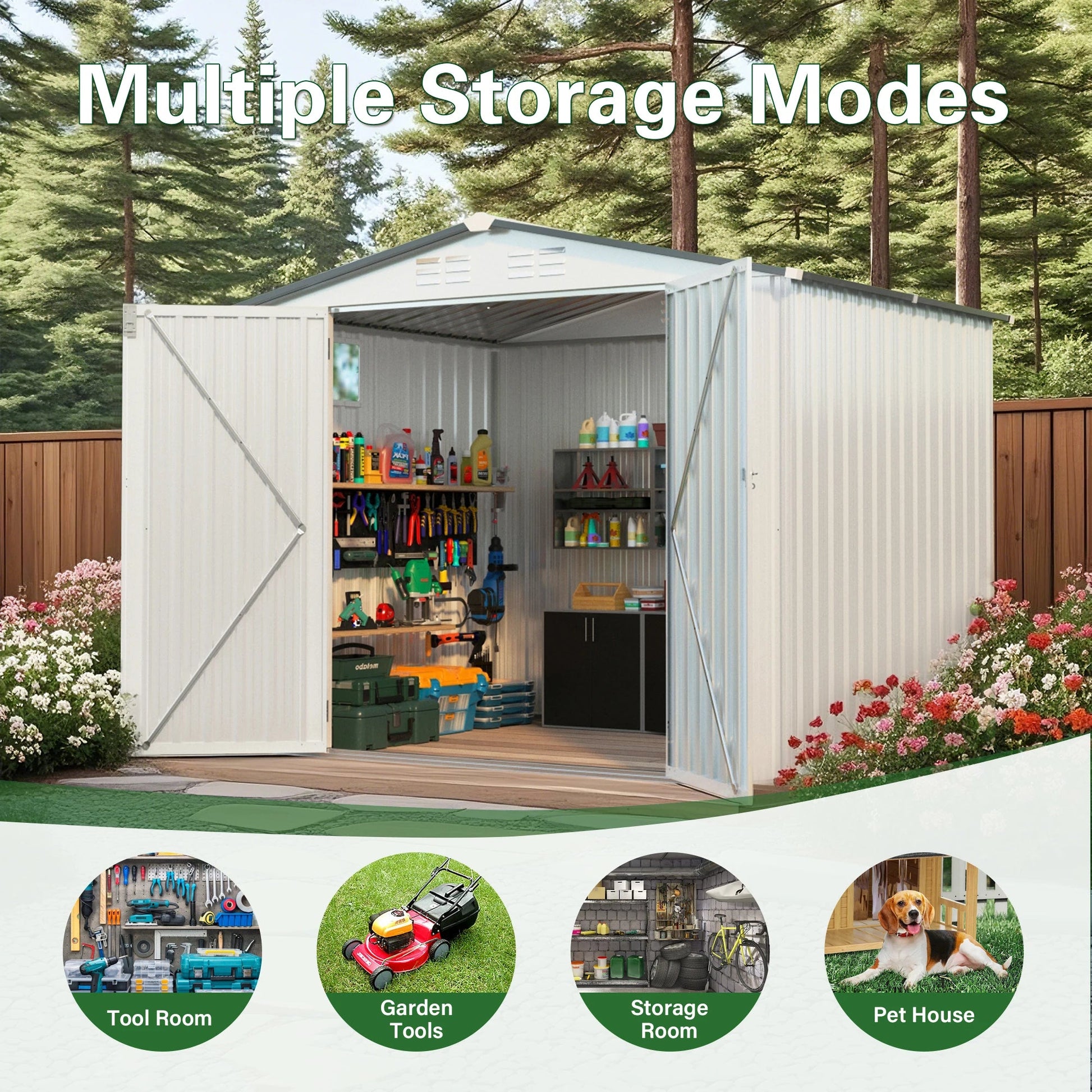 6X8FT Durable Garden Storage Shed with Lockable Doors & Gable Roof Easily Assembled Steel Frame for Backyard Tool Room Good Vibrations