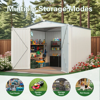 6X8FT Durable Garden Storage Shed with Lockable Doors & Gable Roof Easily Assembled Steel Frame for Backyard Tool Room Good Vibrations
