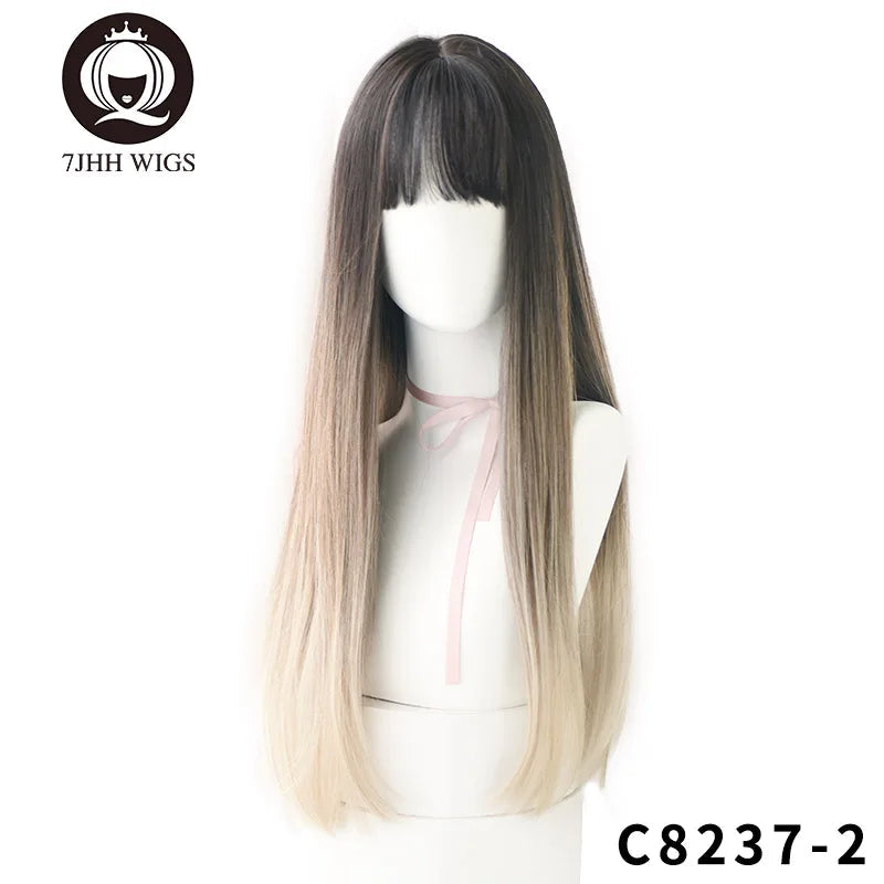 7JHHWIGS Long Wavy Synthetic Black Wigs For Women With Fringe Fashion Heat Resistant Mid-Length Daily Straight Light Brown Hair Good Vibrations
