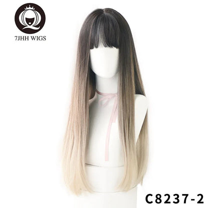 7JHHWIGS Long Wavy Synthetic Black Wigs For Women With Fringe Fashion Heat Resistant Mid-Length Daily Straight Light Brown Hair Good Vibrations