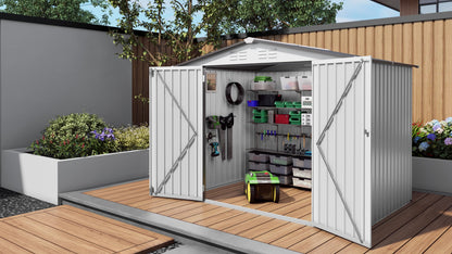 6X8FT Durable Garden Storage Shed with Lockable Doors & Gable Roof Easily Assembled Steel Frame for Backyard Tool Room Good Vibrations